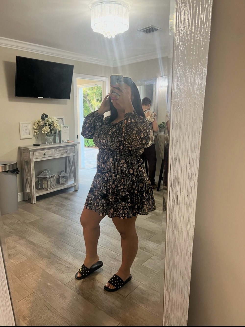 Forever 21 Black Floral Tiered Long-Sleeve Mini Dress